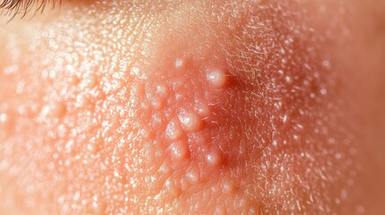 Fototapeta premium Close-up View of Human Skin with Blisters, Pimples, and Texture Showing Details of Acne, Pores, and Sebum for Dermatological or Medical Illustration