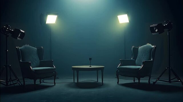 Empty studio interview setting with chairs and table