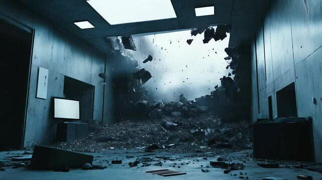 Debris and dust fill the air as the ceiling collapses inside an office building, creating a scene of destruction and chaos during a catastrophic event Apocalyptic Concept
