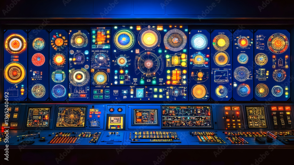 Poster exploring complex control systems in a high-tech command center futuristic environment digital inter