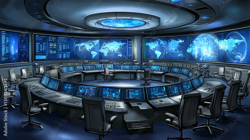 Poster global command center operations high-tech facility digital interface secure environment wide-angle 