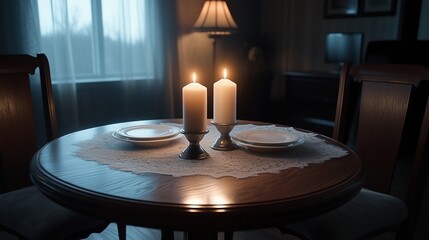 Romantic candlelit dinner setup on a wooden table with vintage plates. Cozy and intimate evening atmosphere with warm lighting.
