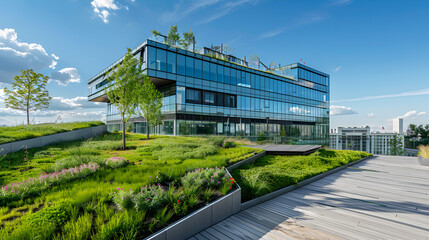 Obraz premium A green rooftop garden on a modern office building in an eco-friendly urban environment.