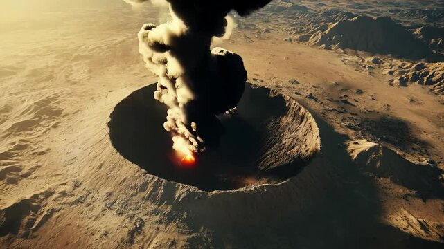 Volcanic eruption transforming desert landscape, showcasing powerful molten lava progression through six dramatic phases of escalating geological intensity Apocalyptic Concept