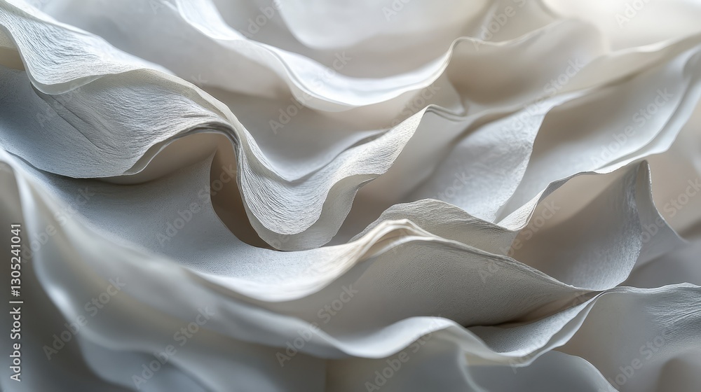 Poster close-up of elegant white textured fabric with soft ruffles and gentle waves creating a sense of flo