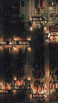 Vue a&eacute;rienne d&rsquo;un port industriel illumin&eacute; la nuit avec des conteneurs align&eacute;s