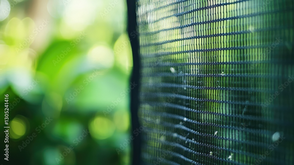 Poster close-up of a textured mesh barrier surrounded by lush greenery, creating a natural contrast and enh