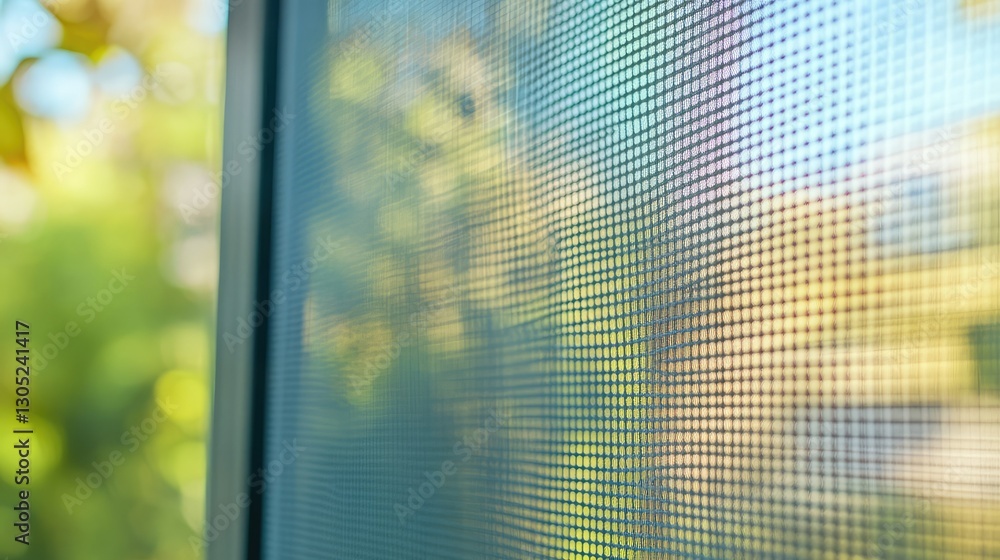 Poster close-up view of a screen with a soft focus background, showing nature and light filtered through th