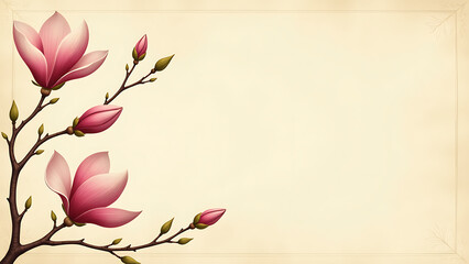 magnolia flowers adorn beige background curved branches empty space text vintage design