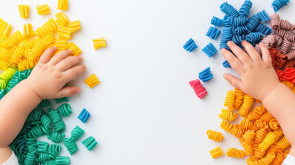 Colorful sensory play with baby hands and multicolored pasta pieces for early childhood development