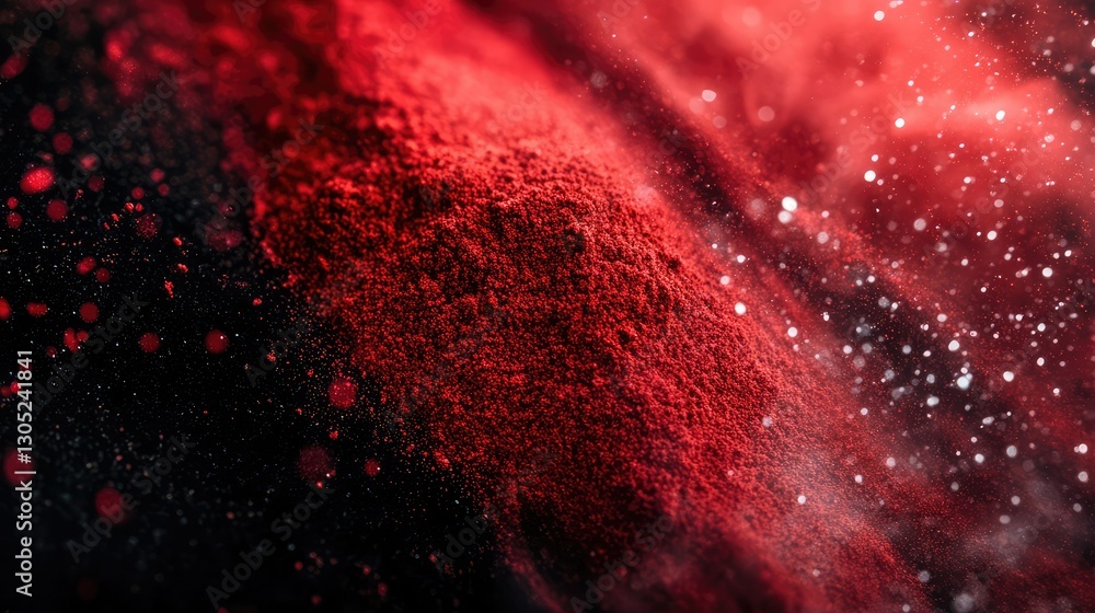 Poster close-up view of vibrant red powder exploding in texture against a dark background, creating a stunn