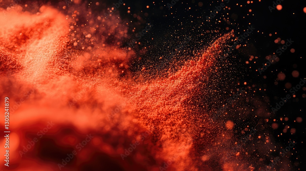 Poster vibrant red powder explosion on black background showcasing fine particles creating abstract pattern