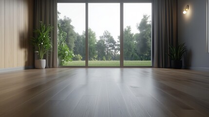 Minimalist empty room with large glass windows and natural light. Spacious interior with wooden flooring and greenery outside.