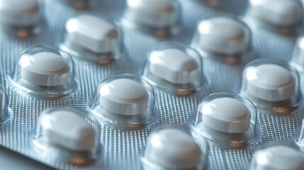 Close-Up View of White Tablets in Blister Pack, Demonstrating Details of Pharmaceutical Products, Including Texture and Shape, Suitable for Health and Wellness Concepts