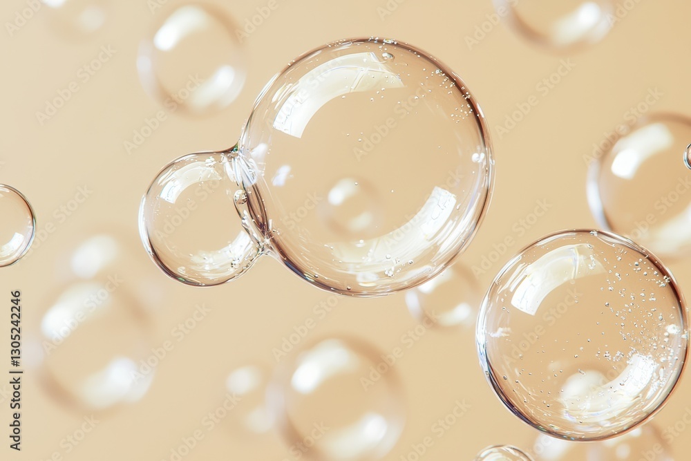 Poster transparent bubbles floating on a beige background: a macro photography close-up