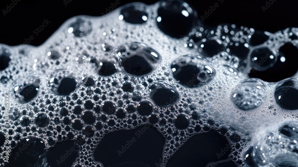 Poster close-up of bubbles and foam with shimmering reflections against a dark background, capturing the be