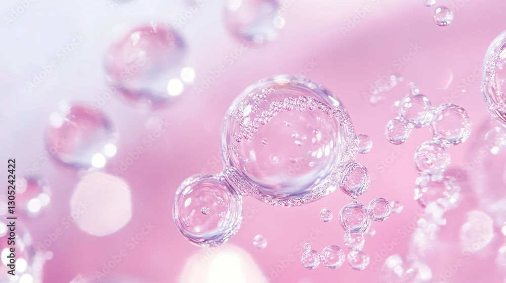 Poster effervescent bubbles floating in air against a soft pink background, creating a dreamy and whimsical