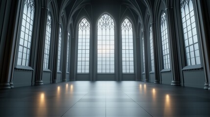 Obraz premium Gothic-style grand hall with tall arched windows and intricate architectural details. Historic and dramatic interior space.