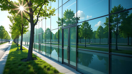 office building mirrors trees symbolizing sustainable practices carbon offsetting efforts reduce environmental impact effectively