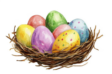 Watercolor, colorful easter eggs in nest isolated on white. background.