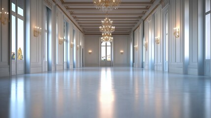 Naklejka premium Grand palace ballroom with high ceilings, chandeliers, and polished floors reflecting natural light. Elegant and luxurious interior.