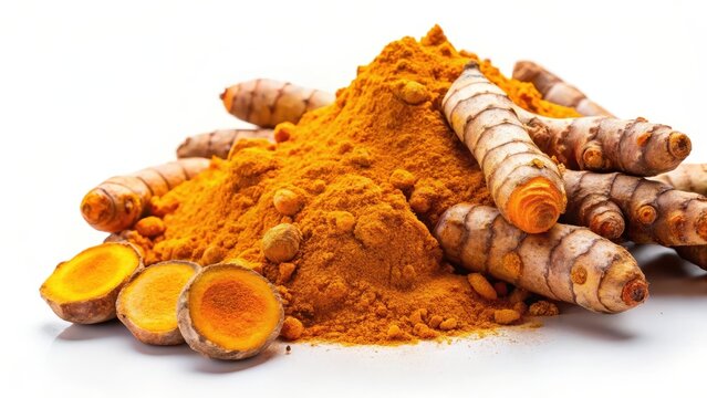 Colorful adaptation of turmeric root with vibrant orange hue against a soft white background, turmeric, herb, turmeric, herb