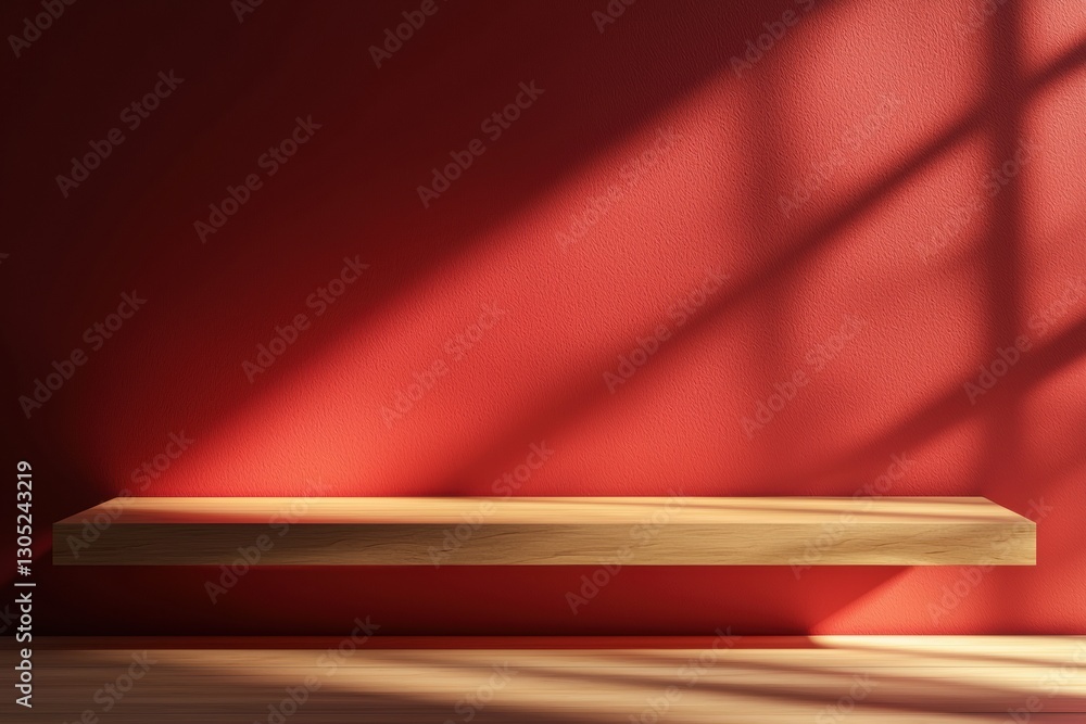 Leinwandbilder empty wooden shelf on red wall with window shadow creating high-end atmosphere