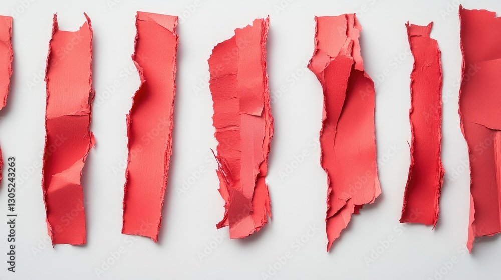 Aufkleber torn strips of vibrant coral paper arranged on a white background creating a textured and artistic l
