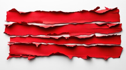Frayed Edges of Torn Red Paper Create a Dynamic Texture on a Clean White Background, Perfect for Artistic and Creative Design Applications