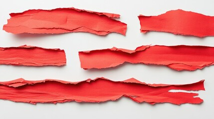 Bright Red Torn Paper Strips on White Background for Creative and Artistic Design, Scrapbooking, and Crafting Projects
