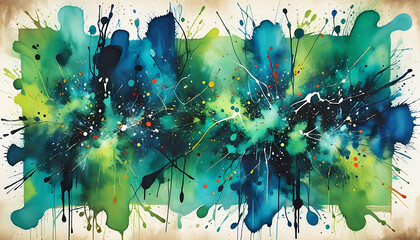 Hintergrund aus blau gr&uuml;nen spritzern und Farben Wasserfarben verlaufend auf altem Papier k&uuml;nstlerisch verwaschen als Vorlage f&uuml;r Karten Gestaltung von Einladungen Vernisage Ausstellungen Dekor Natur