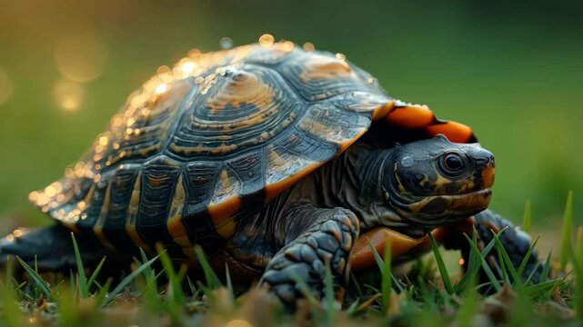 Close-up of a shell tortoise wild life covered in dew drops on a grassy surface in soft sunlight