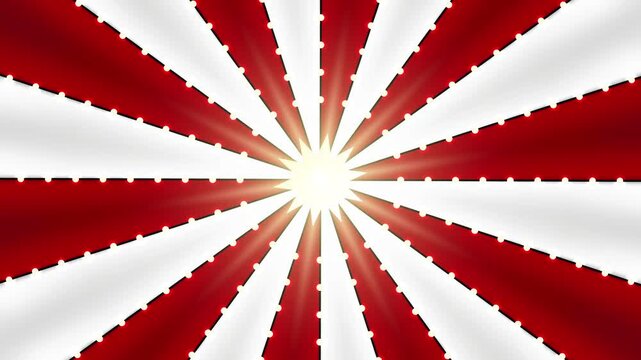 Circus animated rotation looped background of red and white lines stripe with star constellations light bulbs tinsel. Retro motion graphic sun beam ray. Fun fair burst.