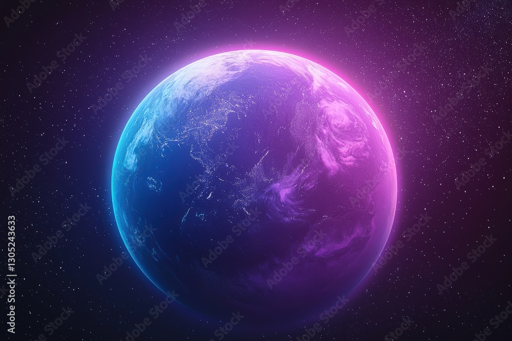 Poster planet earth glowing in space with purple and blue gradient color scheme