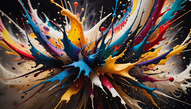 Explosion fl&uuml;ssiger bunter Farben, wie Regenbogen Spritzer Tropfen vor dunklem Hintergrund dynamisch flie&szlig;end in alle Richtungen wie Wasser gef&auml;rbt als Vorlage lebendige Kunst 