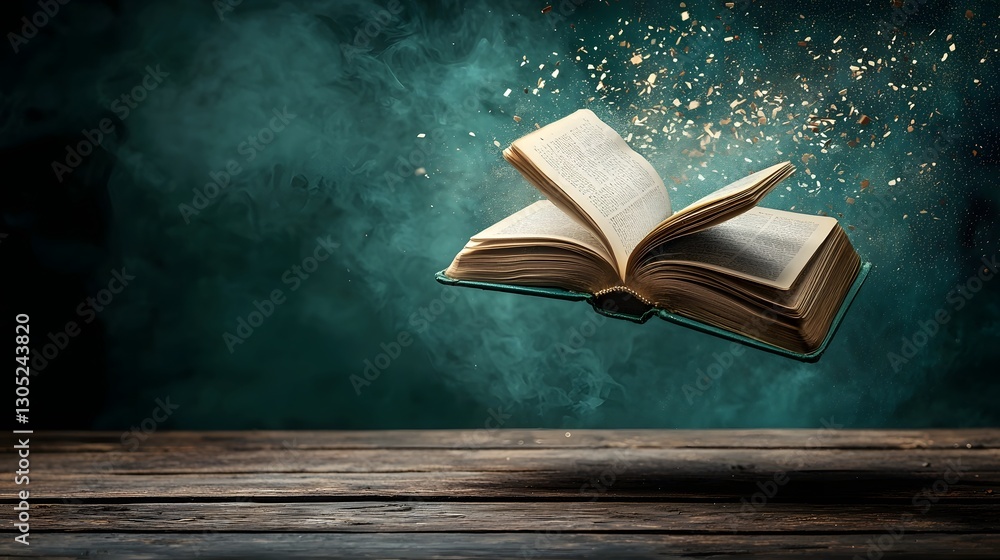 Poster mesmerizing photograph of a floating book with its pages flipping set against a dark and moody backg