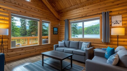 Cozy wooden cabin living room with a large window overlooking a lake. Rustic interior with soft lighting and comfortable seating.