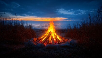 Beach bonfire at twilight