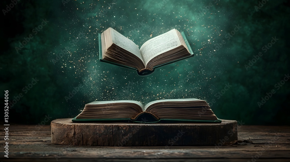 Poster captivating image of a levitating book with its pages flipping set against a dark and moody backgrou
