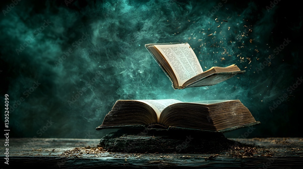 Poster levitating book suspending in mid air against a dark and moody backdrop its pages flipping dynamical