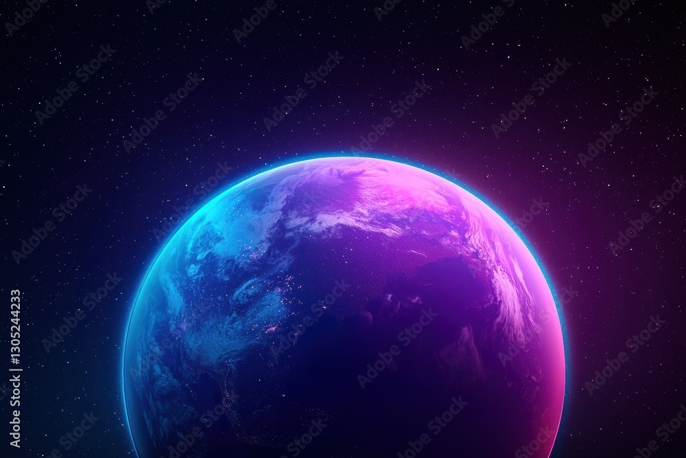 Poster planet earth rotating in space with glowing edges and purple and blue gradient