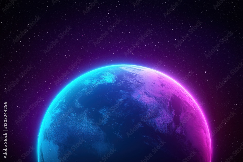 Poster planet earth glowing in space with purple and blue gradient color scheme