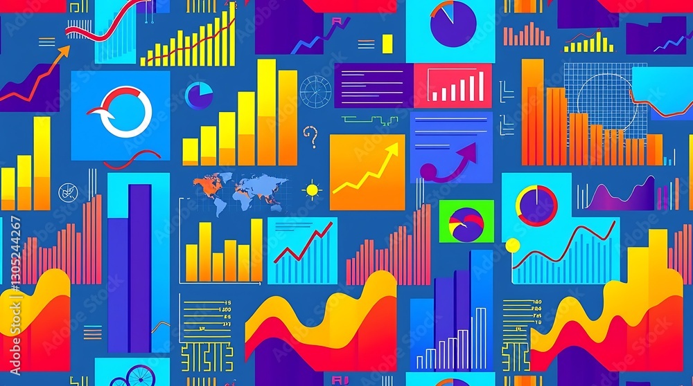 Poster data-driven insights: a vibrant arrangement of diverse charts, graphs, and data visualizations repre