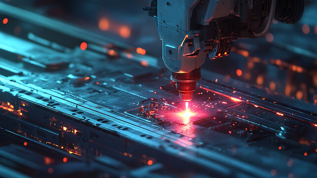 A realistic close-up animation of an autonomous drone welding a structure in a high-tech manufacturing plant, its precision-guided lasers glowing vividly 