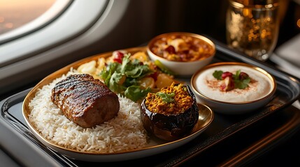 A luxurious Arabian feast in first-class, presenting tender lamb biryani, saffron-infused rice, grilled eggplant with yogurt sauce, and rosewater pistachio cake,