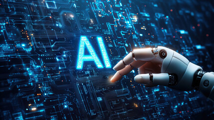 AI A.I. Artificial Intelligence hands pushing button in technology environment
