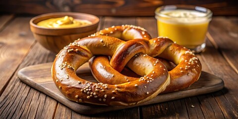 Giant soft pretzel with golden-brown crust served with tangy mustard, restaurant, appetizer