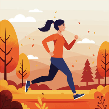 Woman Running in Autumn Landscape for Fitness and Healthy Lifestyle