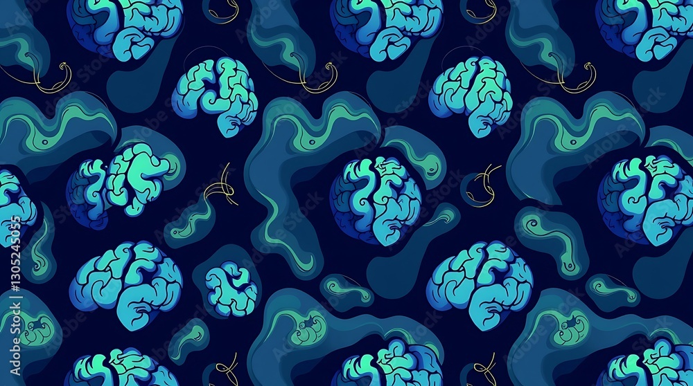 Poster abstract brain pattern: a mesmerizing seamless pattern featuring stylized teal brains and swirling b