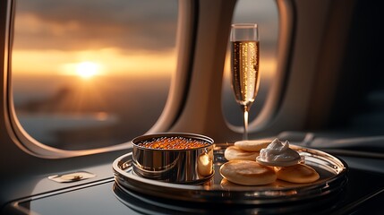 A luxurious first-class caviar service, featuring a tin of premium Beluga caviar, delicate blinis, a dollop of crème fraîche, and a flute of chilled champagne,